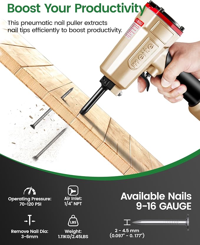 meite NP45 Pneumatic Nail Remover with Spare Piston Driver, Heavy Duty Denailer Air Punch Nail Gun for 3–6mm Fasteners, Effortless Nail Extractor Tool for Pallet Recycling & Wood Demolition