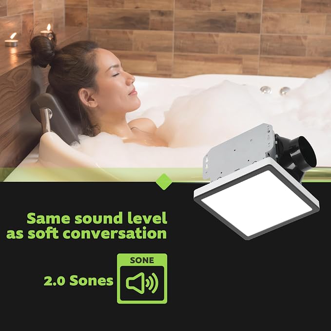 Homewerks 7105-12-MB Bathroom Fan with Light 100-CFM 2 Sones Matte Black Square Ventilation Fan with Dimmable LED Light and Magnetic Trim Ring
