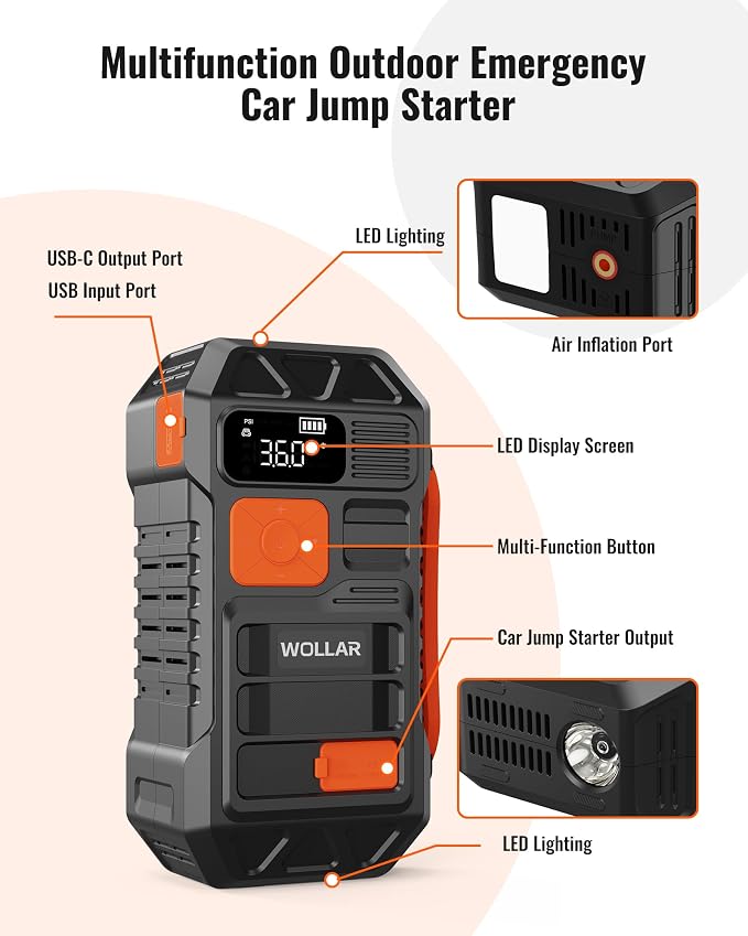 3000A Peak Jump Starter with Air Compressor - 5-in-1 Car Battery Jumper Starter, 12V Portable 160PSI Dual-Cylinder Ultra-Fast Tire Inflator, 20000mAh 74Wh Jump Box for 9.0L Gas/Diesel Engines