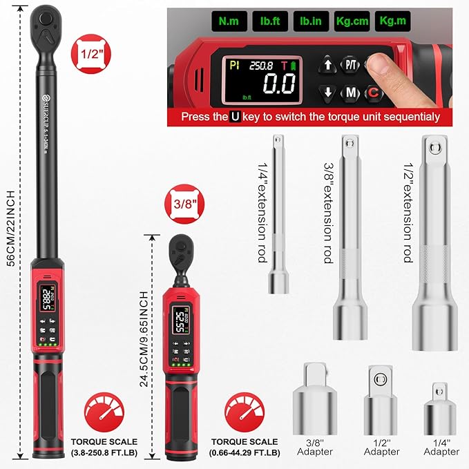 SUERCUP 3/8" 1/2" Digital Torque Wrench, 0.66-44.29Ft.Lb & 3.8-250.8Ft.Lb | ±1% Accuracy, 0.9-60N.m & 5.1-340Nm Electric Torque Wrench Set, for Auto Repair, Lug Nuts, Engine, Suspension, Moto & Bicycle