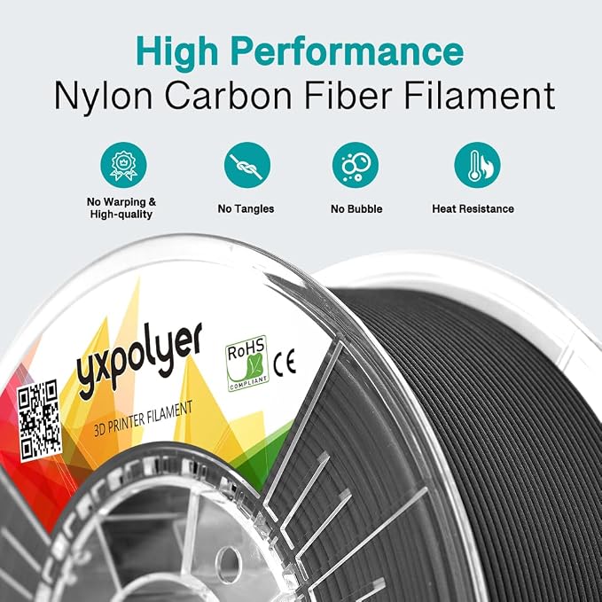 YXPOLYER Carbon Fiber Nylon Filament 3D Printer Filament PA6-CF Filament 1.75mm 1kg with PC Spool, PA6 CF 3D Printing Filament