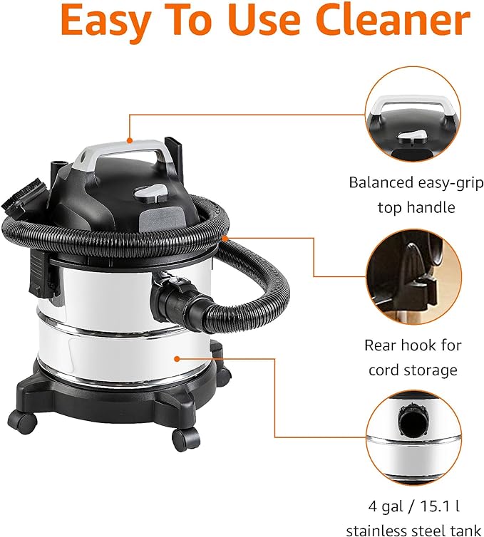 Amazon Basics Wet Dry Shop Vacuum Cleaner, 4 Gallon, 3 HP Stainless Steel, Grey/Black