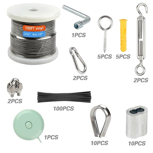 Shineyoo 1/8" Wire Rope Kit - Steel Wire, 100FT Turnbuckles for Cables, Vinyl Coated Stainless Steel Cable for Outdoor, Garden, Kitchen, Craft