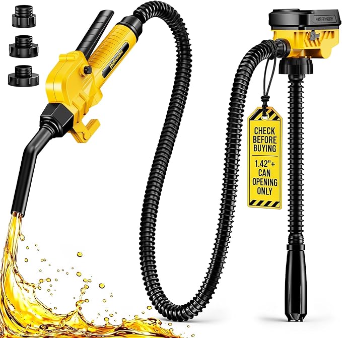 Fuel Transfer Pump for DeWalt 20V Batteries, Cordless 3.7 GPM Flow | Gas Can Pump Kit with Locking Nozzle, 3 Adapters for Gasoline, Diesel, Kerosene & Light Oil, Battery Not Included