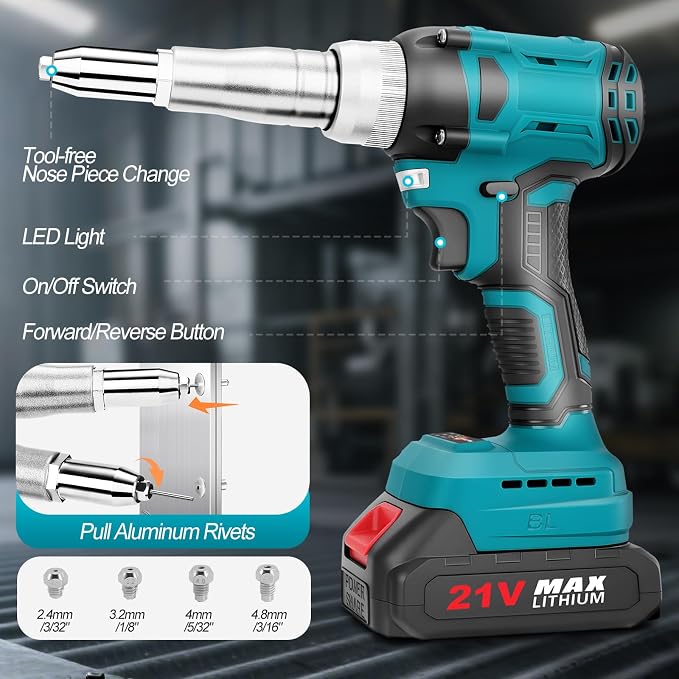 Cordless Rivet Gun with 2×2.0Ah Battery, Automatic Electric Rivet Gun Tool Brushless Pop Rivet Gun Kit for 3/32", 1/8", 5/32", 3/16" Rivets for Metal, Plastic and Leather