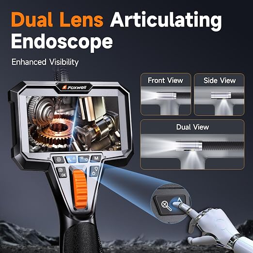 FOXWELL Elite Dual Lens 2-Way 220° Articulating Borescope, 0.25in Ultra-Slim Probe, HD IPS Display, IP67 Waterproof, Flexible Camera for Automotive, HVAC, Plumbing & Industrial Inspections 5.3FT