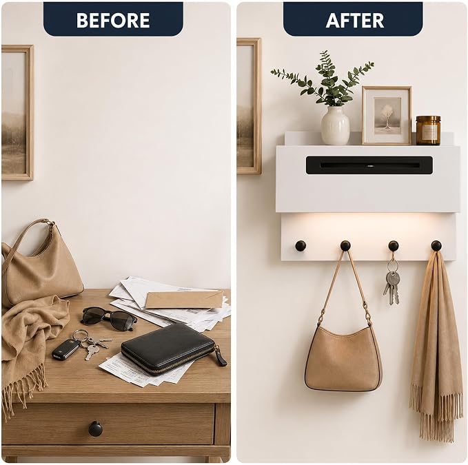 Floating Shelf with Drawer & Hooks, Entryway Organizer with Sensor Light | Italian Wood Veneer, Hidden Drawer, 4 Matte Black Hooks & Warm Sensor Light for Mail, Keys, Wallets, Coats & Daily Essentials