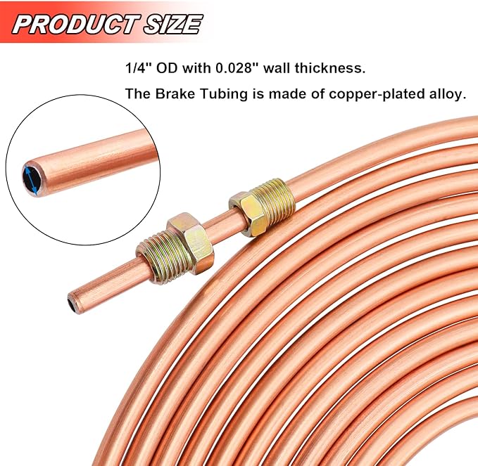 Tnisesm 1/4" 25 Ft Brake Line Tubing Kit, Upgrade Flexible Copper Brake Line Tubing Roll for hydraulic brakes Fuel Transmission System