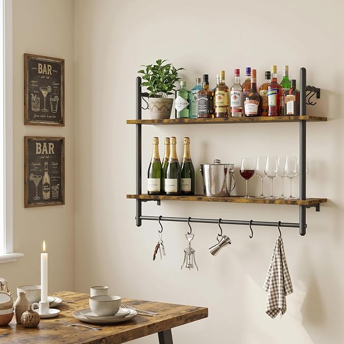 Merapi Industrial Pipe Floating Shelf with Towel Bar & Hooks - 31.5" Wall Mounted Kitchen, Bathroom, Coffee Bar Shelf - Modern Farmhouse Wood & Metal Shelves with 8 S-Hooks