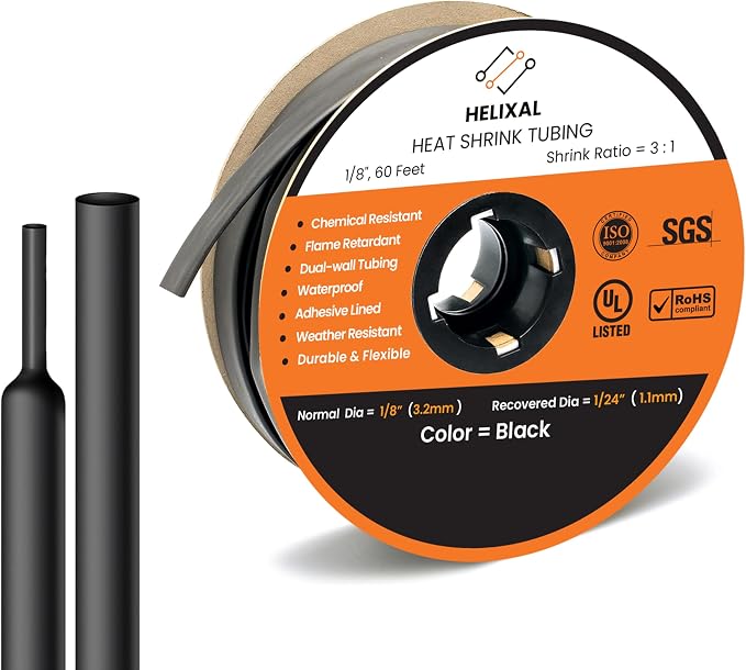 1/8" Heat Shrink tubing, 3:1 Ratio Wire Heat Shrink Tubing Industrial and Marine Grade, Dual Wall Adhesive Lined Wire Shrink Wrap Tubing, Waterproof Heat Shrink Tube - Black-60 Feet Roll