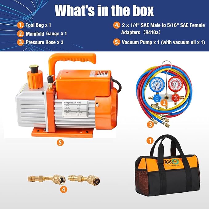 BACOENG R32 AC Vacuum Pump and Gauge Set, 4 CFM HVAC Vacuum Pump Kit for Mini Split System, Sparkless Motor for R32 R410a R22 Refrigerants - w/ R410a Mini Split Adapter & 3x5FT Hoses