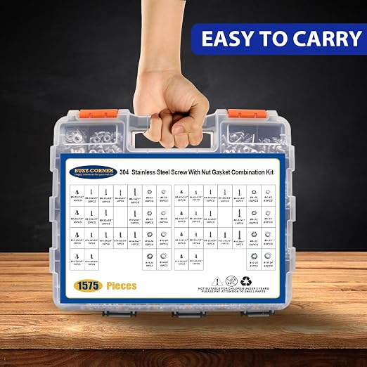 1575 PCS Nuts and Bolts Assortment Kit, Stainless Steel Phillips Pan Head & Flat Head Screws, Assorted Nuts Bolts Washers with Orange Double Sided Organizer Box