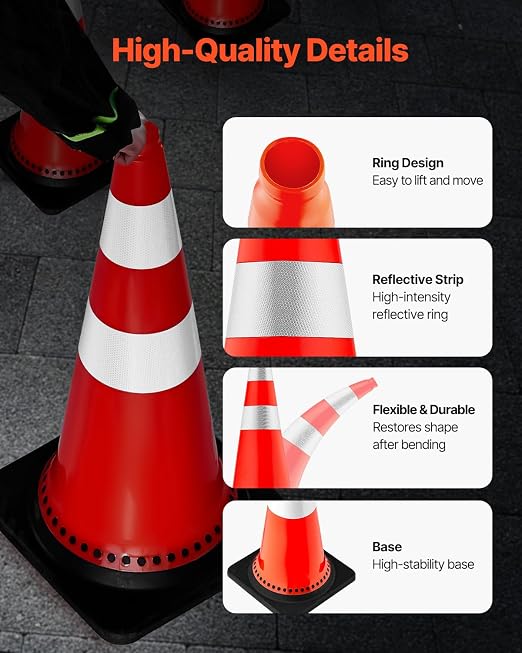 VEVOR Safety Cones, 8 Pack 30" Traffic Cones, PVC Orange Construction Cones with Reflective Collars and Black Weighted Base, for Traffic Control, Driveway Road Parking and School Improvement