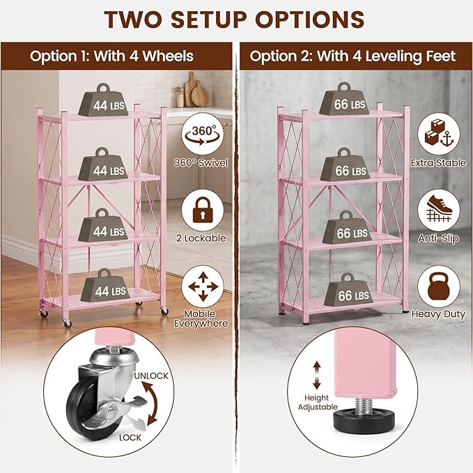 ALANNG 4 Tier Folding Storage Shelf on Wheels,Heavy Duty Metal Rolling Cart | 264 lbs Capacity, No Tools Assembly, Folds to 3.9", Lockable Casters, Portable for Kitchen Laundry Garage (Pink, 2 Pack)