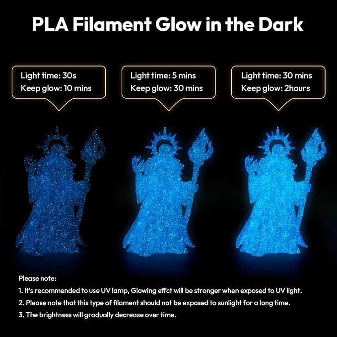 AMOLEN Glow in the Dark 3D Printer PLA Filament Bundle, Glow Shiny Firefly Blue, Orange, Green, and White, 1.75mm PLA Filament for Most FDM 3D Printer, Dimensional Accuracy +/- 0.02 mm, 200g X 4 Pack