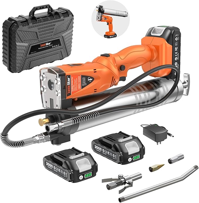 TaskStar 2-in-1 Electric Grease Gun: 10000PSI Automatic Cordless Grease Gun Battery Powered Tool Kit with 2 Batteries & Charger, 39.4" Hose and 3 Couplers for Farm, Workshop & Heavy Duty Maintenance