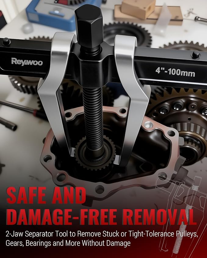 Reywoo 4" 2-Jaw Gear Puller for External (4.4" Max) & Internal (4.79" Max) Pulling, Heavy-Duty Bearing, Flywheel, Pulley and Gear Remover Tool, Adjustable CR-V Steel