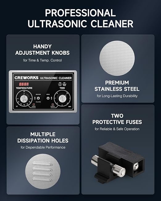CREWORKS 10L Ultrasonic Cleaner with Heater and Timer, 240W Stainless Steel Ultrasonic Cleaner Machine with Degas & Gentle Modes, Ultrasonic Parts Cleaner with Knob Control for Machine Part Auto Tool