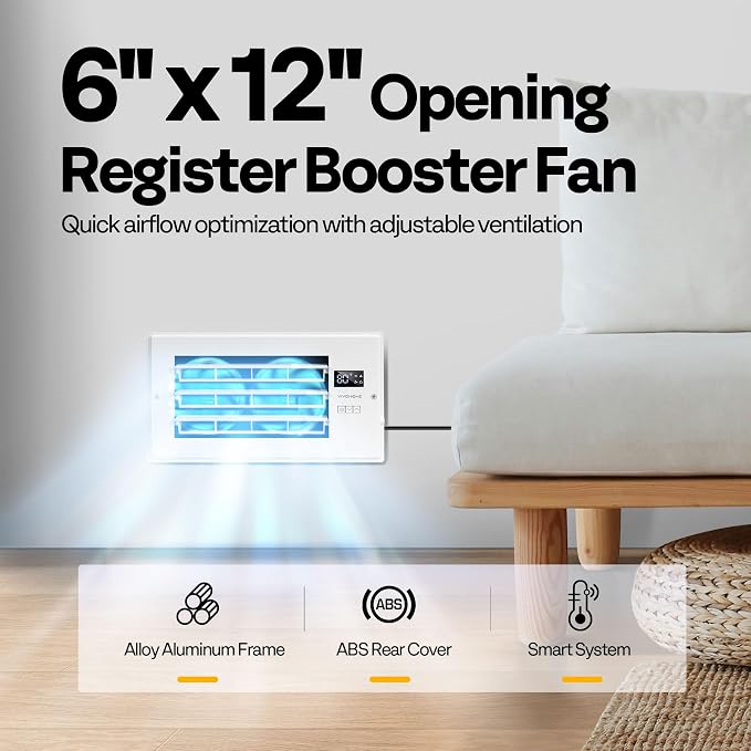 VIVOHOME Register Booster Fan - 6'' x 12'' Opening with Adjustable Louver - Smart Thermostat & 10-Speed Remote Control - AC Vent Fan for Floor, Ceiling, Wall - Quiet Operation (White)