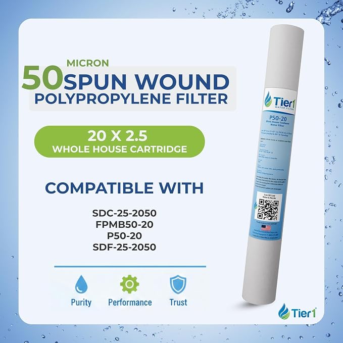Tier1 50 Micron 20x2.5 Water Filter | Spun Wound Polypropylene Whole House Water Pre-Filter Cartridge | Replacement for Hydronix SDC-25-2050, FPMB50-20 | 2.5 x 20 Sediment Water Filter (2-Pack)