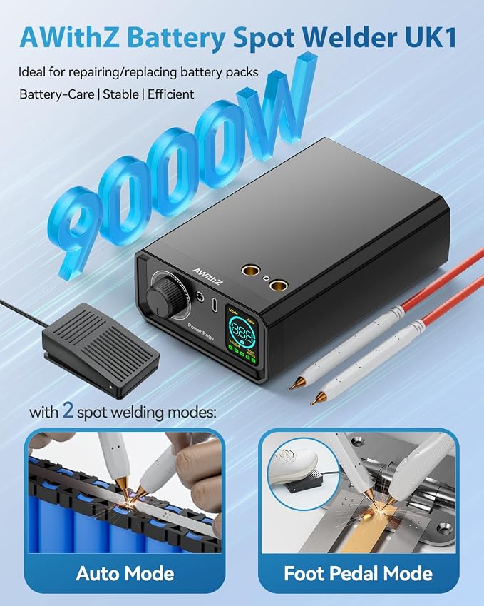 9000W Battery Spot Welder, Rotary Knob Operation 100 Gears Adjustable Foot Pedal Operated, 0.1-0.3mm Spot Welder with Dual Pulse Output, Portable Spot Welder for Making DIY Battery Packs (UK1)