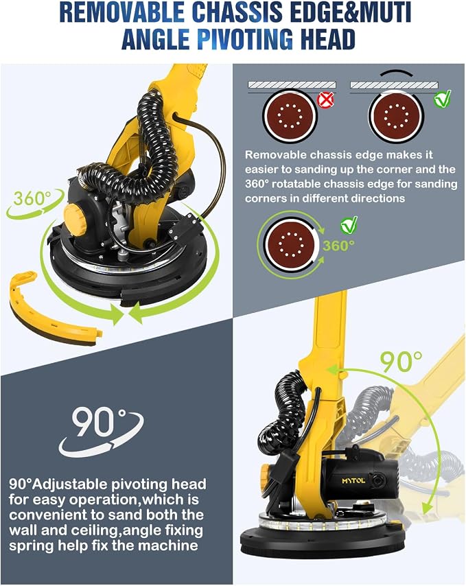 MYTOL Drywall Sander, 7.2A Electric Drywall Sander with Vacuum Dust Collection, 6 Variable Speed 900-1800RPM, LED Light, Foldable & Extendable Handle, 9 Pcs Sandpaper&3 Pcs Grid Sandpaper, Full Green
