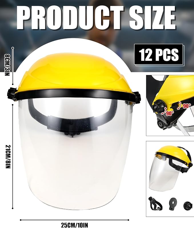 Tellegloww 12 Pack Safety Face Shield for Grinding and Cutting, Full Impact Resistant Face Shield Mask for Work Chemical Woodworking (Yellow)