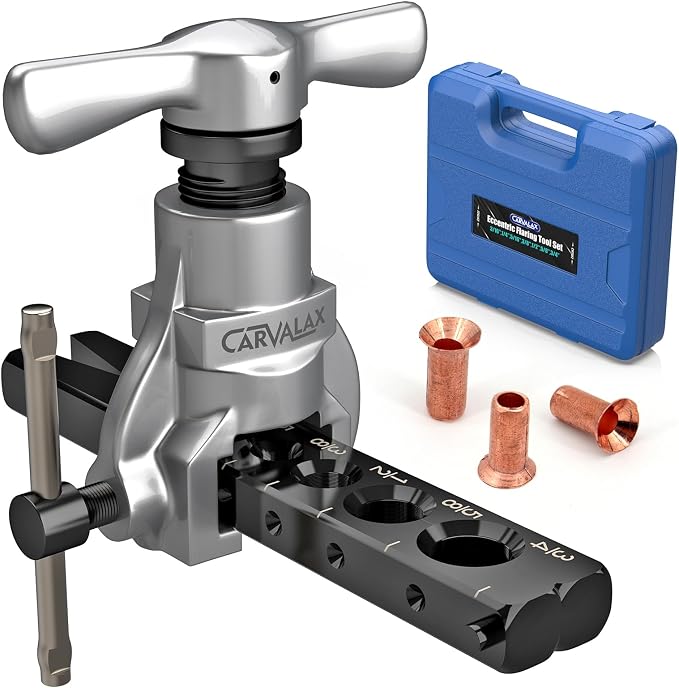 CARVALAX 45° Eccentric Flaring Tool Kit for Copper, Brass, and Aluminum Tubing, Single Flaring Bar with 7 Dies (3/16" to 3/4"), for HVAC, Refrigeration,and Brake Lines, heavy duty with Case (Imperial)