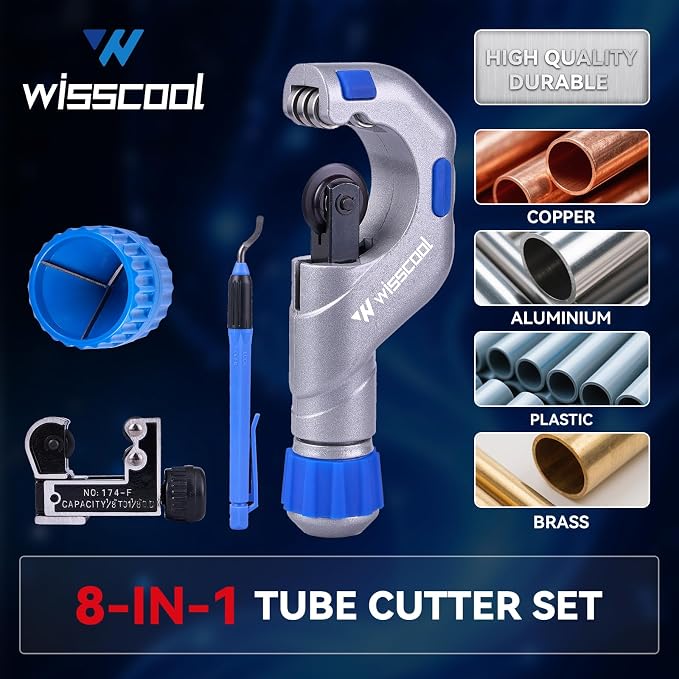 WISSCOOL Copper Pipe Cutter Kit with Pipe Cutter 3/16"-2", Mini Tube Cutter 1/8" to 1-1/8", Deburring Tool Pipe Reamer Needle File Set Car Battery Cleaning Brush for Automotive HVAC Plumbing
