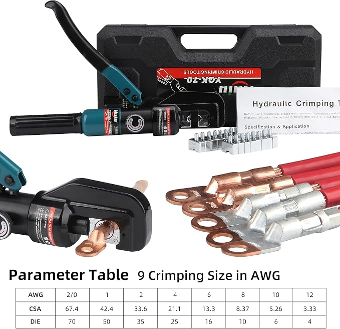 YQK-70 Hydraulic Crimper 6T, Wire Crimper Tool for Battery Cable Terminals 4-70mm² (12 AWG to 2/0 AWG) with 8PCS Hex Dies, 10mm Stroke, 180° Swivel Head - Professional Electrician Crimper (Blue)