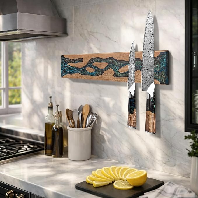 FINDKING Magnetic Knife Strip for Wall, Solid Acacia Wood with Mineral Blue Resin Inlay, Wall-Mounted Knife Holder with Strong Magnetic Hold, No-Drill Adhesive Mount (16 Inch)