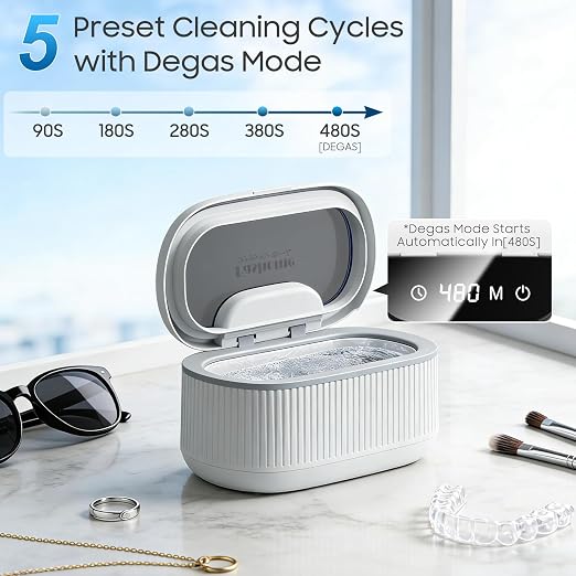 Ultrasonic Jewelry Cleaner with 45kHz for Rings, Glasses & Retainers | Deep Cleans Sliver, Necklace, Earring & Watch, 3 Power & 5 Timer Settings, Includes 2 Cleaning Solutions, 35W with Degas Mode
