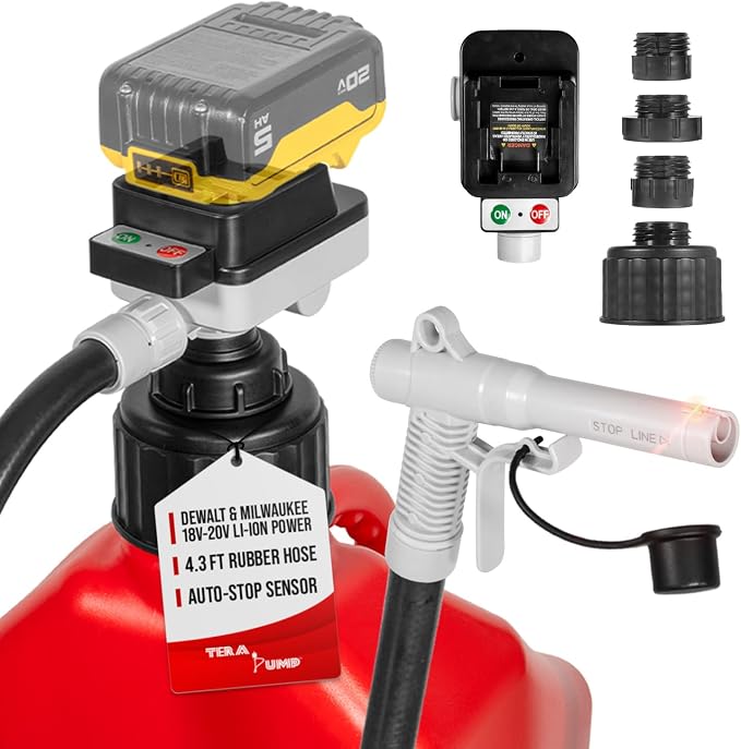 TERA PUMP Battery Powered Liquid Transfer Pump (4.0 GPM) – Automatic Shutoff Cordless Pump Compatible with DeWalt 20V & Milwaukee 18V Batteries, 51" Heavy-Duty Rubber Hose, Includes 4 Adapters