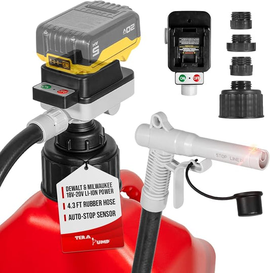 TERA PUMP Battery Powered Liquid Transfer Pump (4.0 GPM) – Automatic Shutoff Cordless Pump Compatible with DeWalt 20V & Milwaukee 18V Batteries, 51" Heavy-Duty Rubber Hose, Includes 4 Adapters