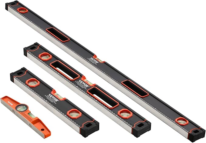 VEVOR 4-Piece Torpedo Level, 48/24/16/10 Inch Box Levels Set, Fluorescent Light Up Bubble Vials Ruler for 45/90/180 Degree, Aluminum Alloy Magnetic Leveler Tool, Shock-Proof(Only 10-inch has magnetic)