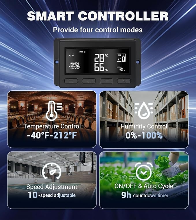 YOZON 10 Inch Attic Fan with Thermostat, Garage Exhaust Fan with Smart Temperature Humidity Controller, EC Motor, 700 CFM, 10-Speed Adjustable for Chicken Coops, Greenhouses, Workshop Ventilation