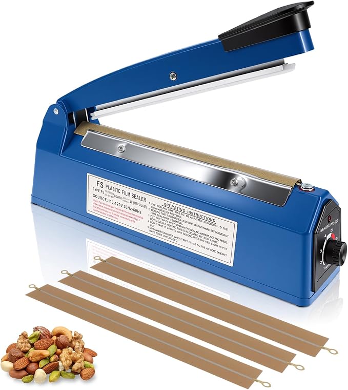 8 Inch Impulse Sealer, Manual Heat Sealer Machine for Mylar Bags, Shrink Wrap Bag Sealers Sealing Machine for Plastic PE PP Bags with 3 Free Replacements Kit Element Grip, Blue