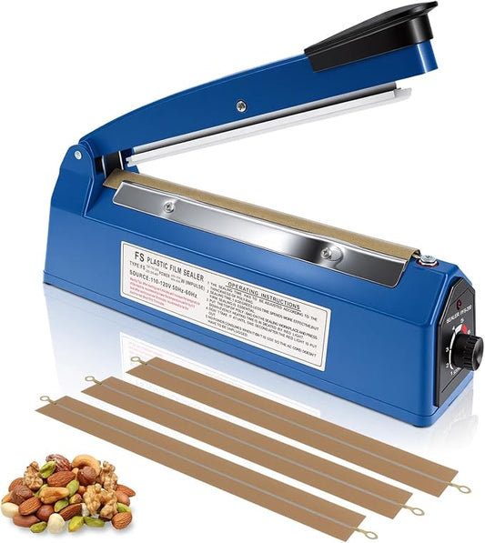 8 Inch Impulse Sealer, Manual Heat Sealer Machine for Mylar Bags, Shrink Wrap Bag Sealers Sealing Machine for Plastic PE PP Bags with 3 Free Replacements Kit Element Grip, Blue