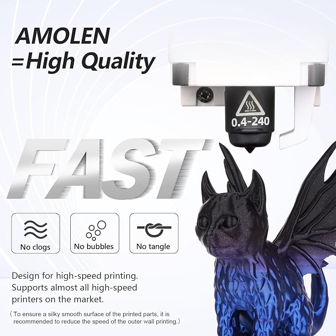 AMOLEN PLA 3D Printer Filament,PLA Filament 1.75mm,Silk Shiny Filament Bundle, Black Red, Blue,Purple,Green, 3D Printing Filament Bundle, 200gX 4 Spools
