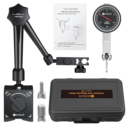 Neoteck 0-0.03"/0.0005" Test Indicator with 176lbs Pull Magnetic Base Stand | 80kg Max Pull，3/8 inch (9.52mm) Clamping Hole，Black，Widely Used in Narrow Area Measurement，Ideal for CNC Operators