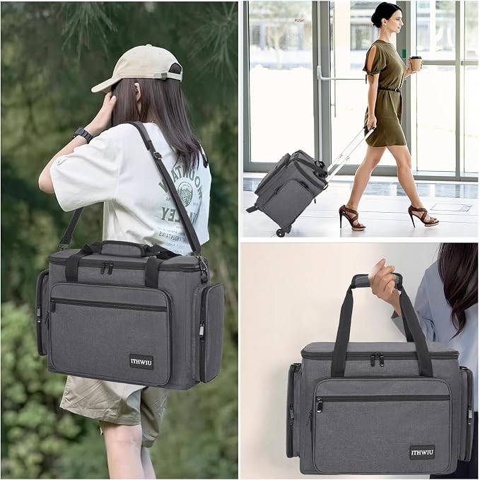 Sewing Machine Case with Wheels, Universal Rolling Trolley Tote with Shoulder Strap & Multiple Storage Pockets Compatible with Most Standard Singer, Brother, Janome, Grey