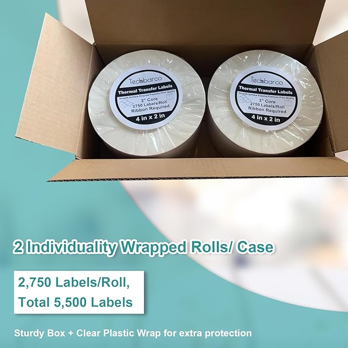 Industrial Thermal Transfer Labels, 4 x 2 Inches, 3 Inch Core, 2,750 Labels/Roll- 2 Rolls/Case, Perforated, Ribbon Required, for Thermal Transfer Printers
