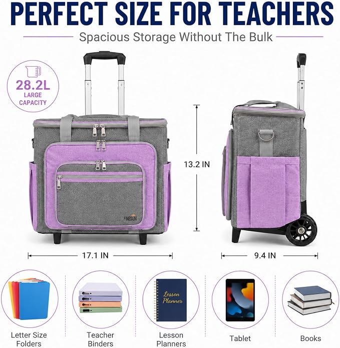 Upgraded Rolling Bag with Detachable Dolly, Heavy Duty Wheeled Teacher Bag, Multifunctional Rolling Briefcase for Work, Office, Craft Storage & Travel (Purple)