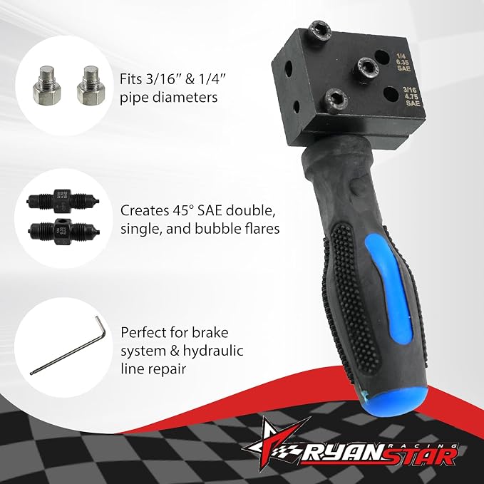RYANSTAR RACING Brake Line Flaring Tool Kit, 3/16" & 1/4" Double Flaring Tool for Vehicle Brake & Hydraulic Lines, 45° SAE Single & Double Flare, Carbon Steel, Complete Repair Kit