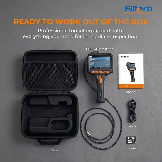 Elitech Two-Way Articulating Borescope with Light, 0.24in Slim Inspection Camera, 20,000+ Bend Life, 180° Snake Camera, 1080P 4.3" IPS Endoscope, High-Temp Protection for Automotive Mechanics