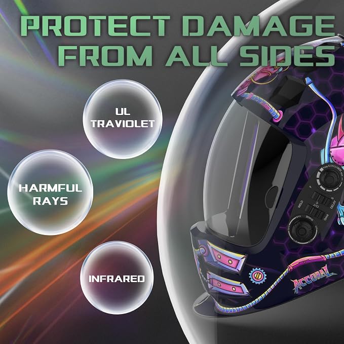 3.94" x 3.66" Large Viewing Hemispherical lense Welding Helmet, 1/1/1/1 True Color Auto Darkening Welding Hood, 4 Arc Sensor Wide Shade 4/5-9/9-13 for TIG, MIG, ARC, CUT, Grind, Mecha Style