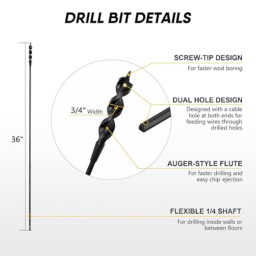 HUAALIUCHE 36" Flexible Installer Drill Bit for Pulling Wires in Walls, Ceilings, and Sidewalks, 3/4" Auger with Screw Point & Fish Eye, 1/4" 3-Flat Shank for Wood & Conduits, with Storage Tube