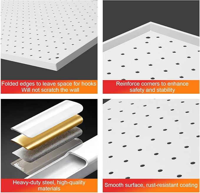 24”×16” Metal Pegboard Panels, Heavy Duty Peg Boards with Hooks, Steel Organization Panels for Garden Tool Storage, Walls Home, Office (White, 24×16"-4 Pcs)