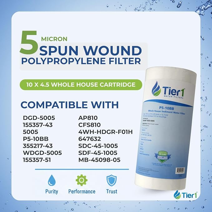 Tier1 5 Micron 10 x 4.5 Water Filter | Spun Wound Polypropylene Whole House Water Filter Cartridge | Replacement for Pentek DGD-5005, WDGD-5005, 155357-43 | 4.5 x 10 Water Filter (16-Pack)