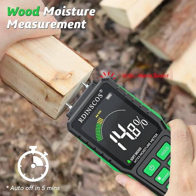 Rechargeable Moisture Meter for Wood, Drywall & Flooring | Pin-Type Moisture Detector, Replaceable Pins, Hold Function, Custom Wood Settings